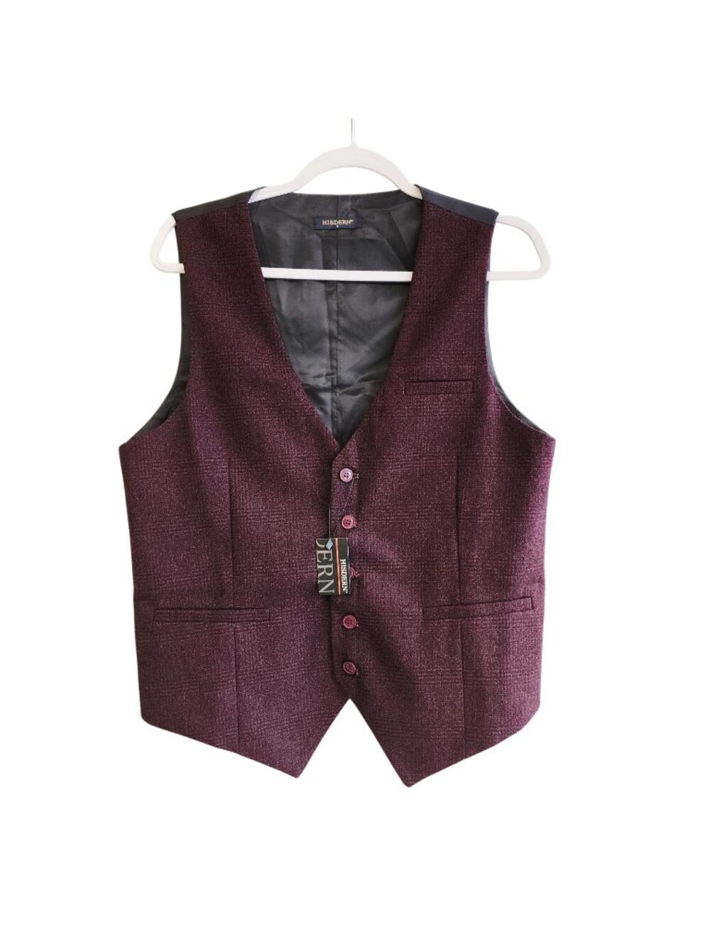 HISDERN Mens Burgundy Tweed Vest S Slim Fit Formal Waistcoat